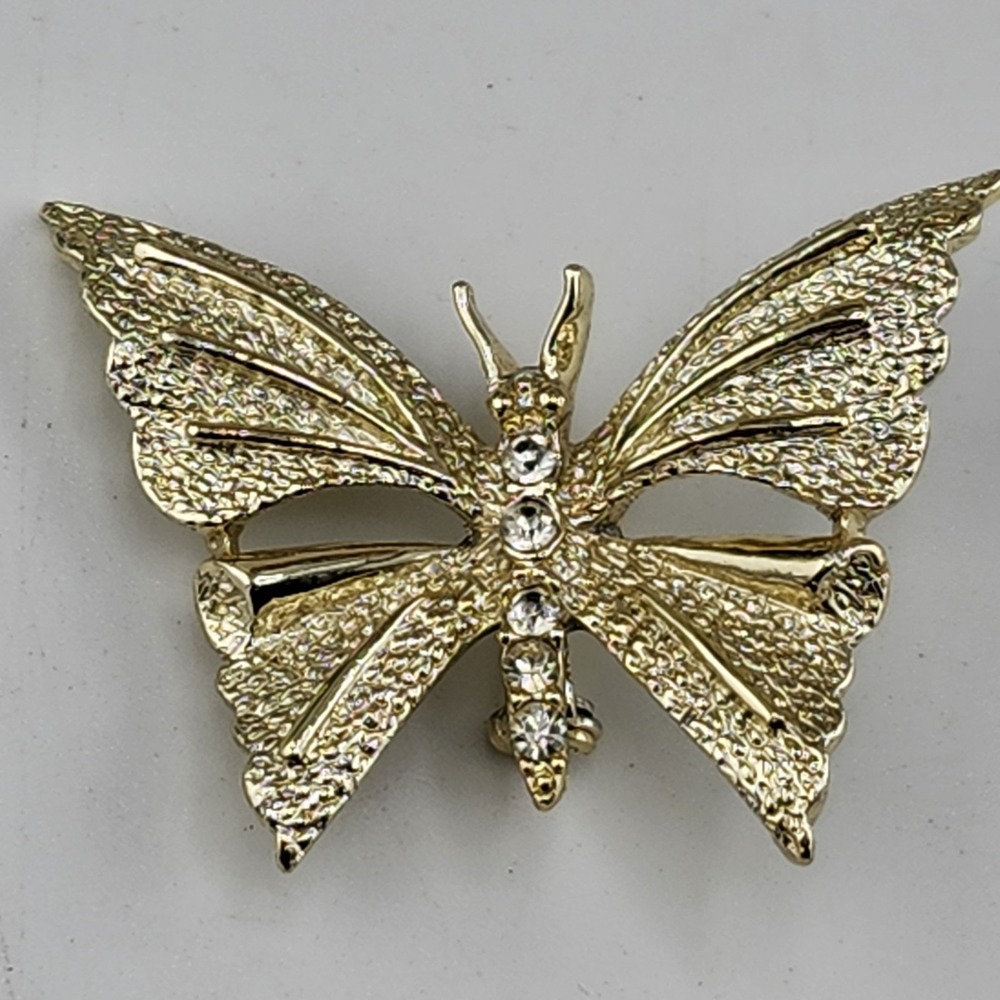 Vintage Spring Gerrys Clear Rhinestone Butterfly Brooch Gold Toneβ Signed